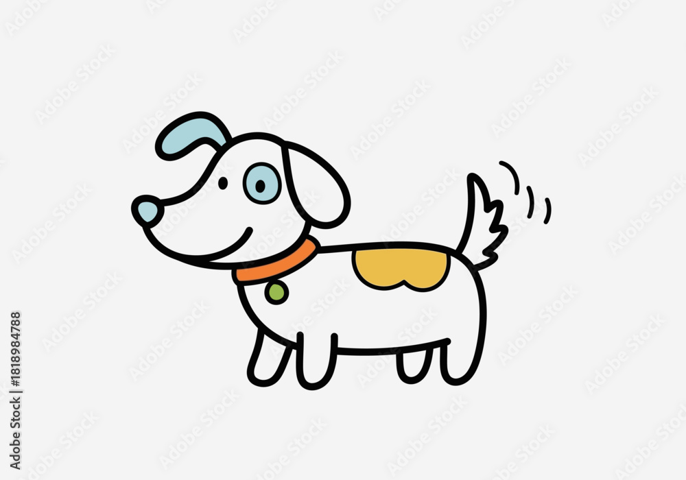 Obraz premium Cute Cartoon Dog Character Wagging Tail with Orange Collar | Simple Hand Drawn Style Happy Puppy Mascot Vector Illustration