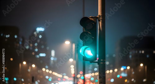 Close up of a green signal sign on a traffic light hanging from its pole on a city road at night when traffic is heavy.