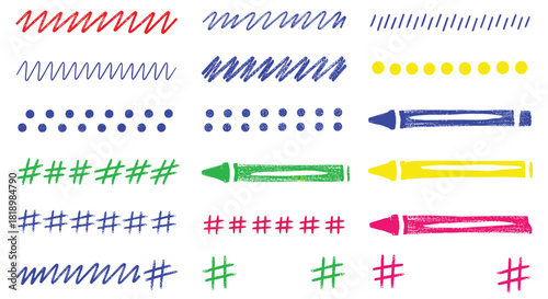 Playful collection of crayon-textured design elements including scribbles, dots, hashtags, and colorful crayon illustrations.