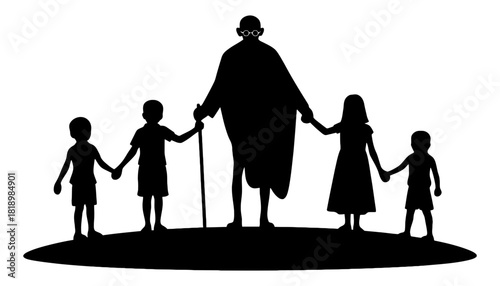 Gandhi with children silhouette vector illustration design
