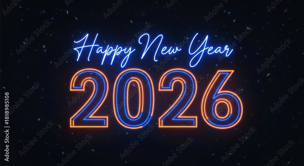 Fototapeta premium Happy new year 2026 neon glowing sign festive celebration event