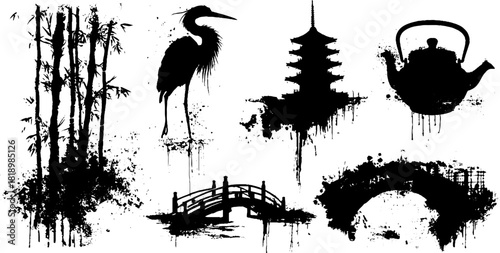 Eastern sumi-e ink splatter motifs with bamboo, heron, pagoda, and bridges design for artistic projects