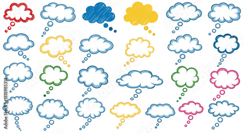 Large collection of colorful, hand-drawn thought bubbles with a scribble texture, perfect for expressing ideas and dreams.