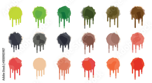 Collection of circular paint splatters with dripping effects in a muted, earthy color palette, great for artistic backgrounds.