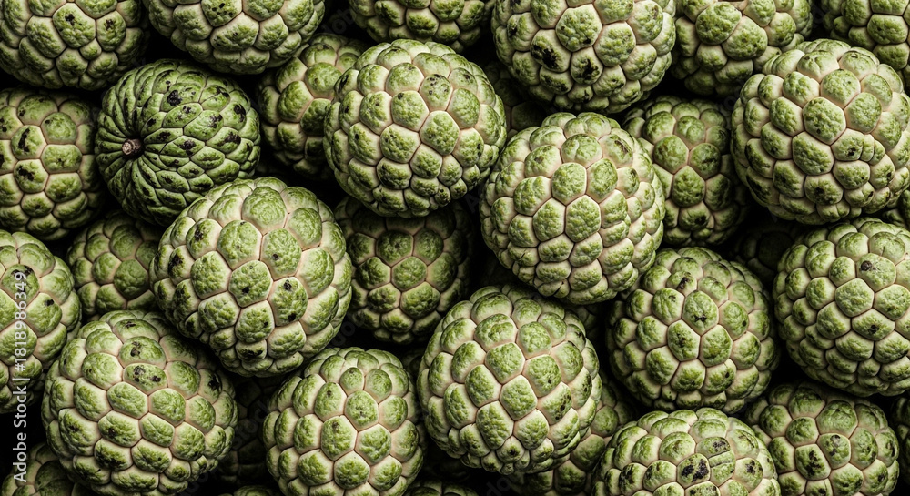 Obraz premium A captivating closeup showcases a bountiful harvest of custard apples, their textured skin and vibrant green hues creating a visually appealing scene