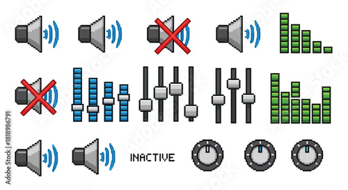 Audio control and sound interface pixel art icon set, with volume speakers, mute symbols, equalizers, and adjustment knobs.