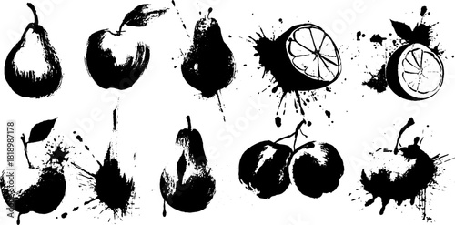 Black ink splatter fruit silhouettes set for creative design and decoration