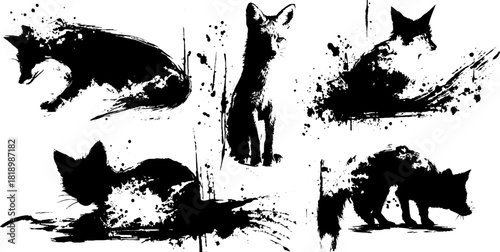 Black ink splatter illustration set featuring fox poses in minimalist japanese style