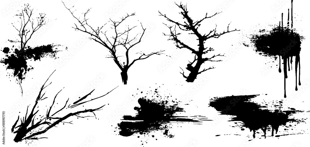 Naklejka premium Black ink splatter and grunge branches illustration set for design projects