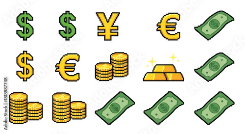 Financial pixel art icon set featuring various currency symbols, stacks of coins, banknotes, and shiny gold bars for business games.