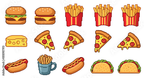Delicious pixel art icon collection of classic fast food items, including juicy burgers, crispy fries, pizza slices, and hot dogs.