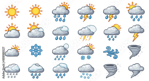 Extensive pixel art weather icon set displaying various meteorological conditions like sun, rain, snow, thunderstorms, and tornadoes.