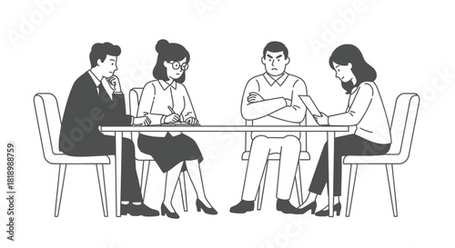 Diverse group of people in a business meeting with serious expressions and focused on work tasks