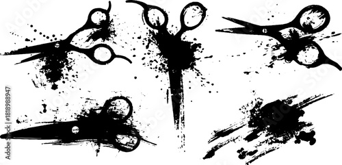 Black ink splatter grunge scissors illustration set for creative design projects