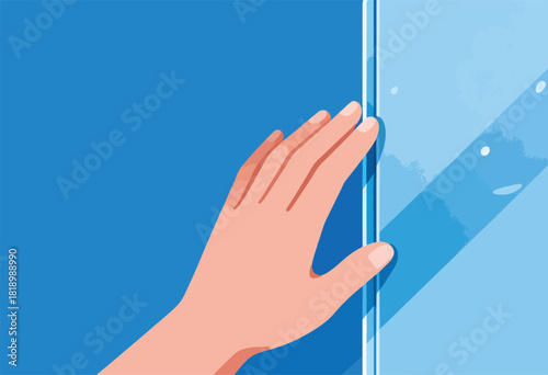 A hand, in a flat design style, presses against a vertical blue panel with a light blue interior