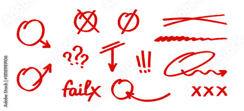 Кed exam marks set. Hand drawn check marks, cross marks, and grading symbols. Simple, vector elements for educational feedback and evaluation design.Oval, circle with arrows.