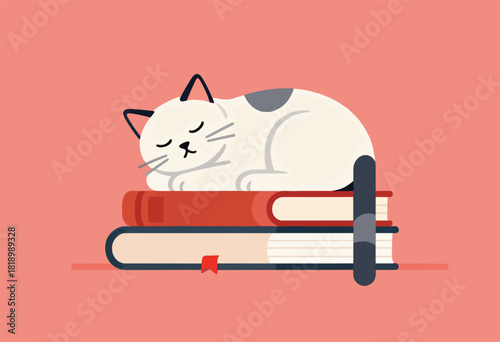 A sleeping white cat with gray spot on books, eyes closed, whiskers, dark ears, against a coral background