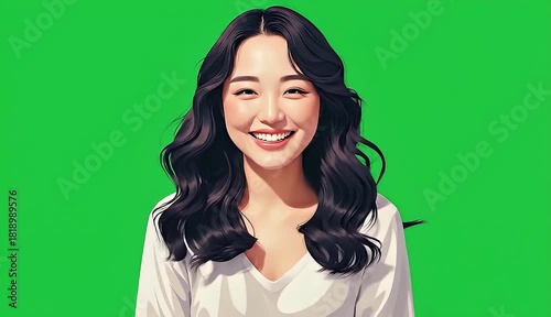 Young Asian Woman with Various Happy Emotions on Green Screen for Video Compositing