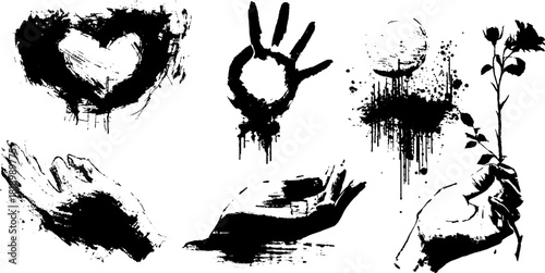 Expressive black ink splatter gesture illustrations with hands and heart