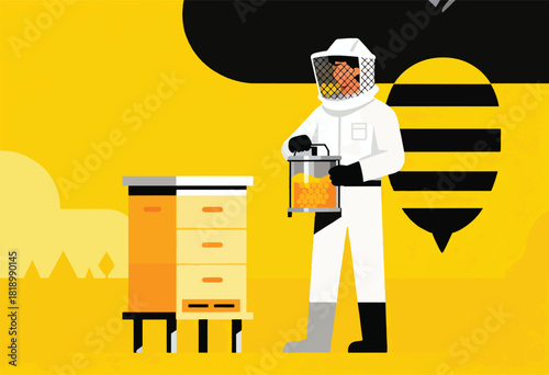 A beekeeper in a white suit holding a container of honey, near a bee hive on a yellow background