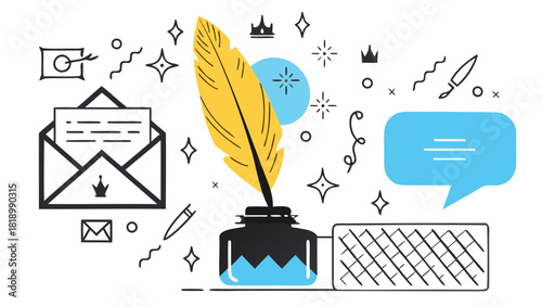 A vintage quill pen poised above an inkwell symbolizing writing creativity and historical communication rendered in a clean vector graphic style
