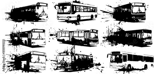 Black ink splatter illustration set of ink buses with abstract brushstroke design