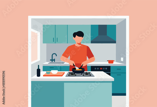 An illustration depicting a person cooking in a modern kitchen, with a stove and food
