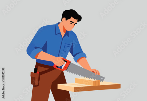 A person in a blue shirt and brown pants saws through a wooden block. There is a tool belt. Grey background