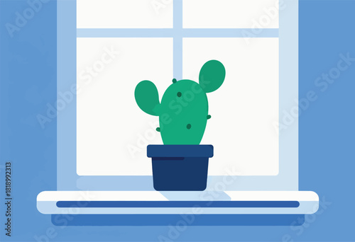 A stylized illustration features a potted cactus on a windowsill, against a window with a blue surrounding