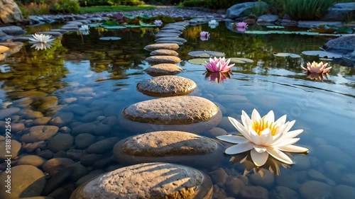 Zen Tranquility: Stepping Stones Across a Serene Pond with Blooming Water Lilies