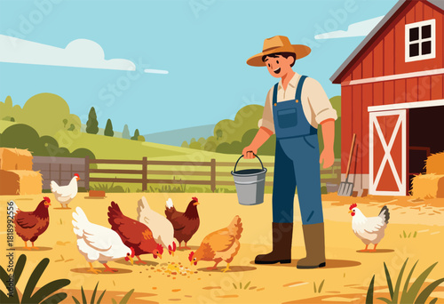 A farmer in overalls feeds chickens grain on a sunny day. A red barn and green landscape are in the background