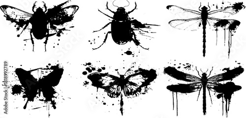 Black ink splatter insect silhouettes illustration set for creative designs