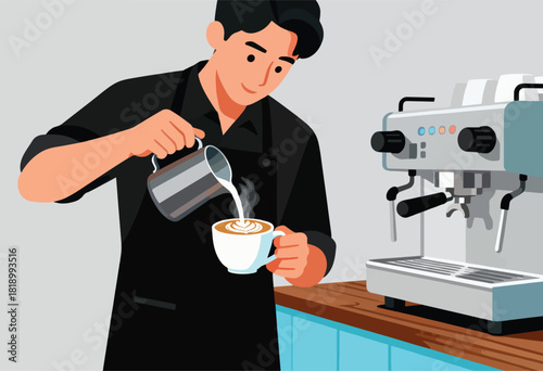 An illustration of a barista pouring milk into a coffee cup, creating latte art. Espresso machine present
