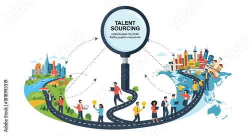 Global talent sourcing concept with people and cities connected by a road under a magnifying glass