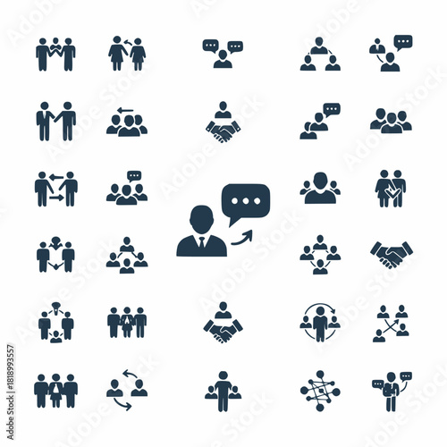 Extensive icon collection featuring business communication, networking, group collaboration, corporate teamwork, and professional partnerships