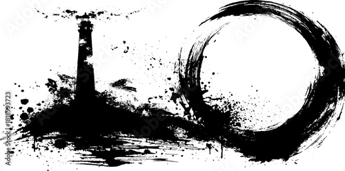 Black ink splatter lighthouse with beam shapes and circle abstract design