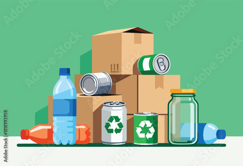 A stylized illustration depicting various recyclable materials like bottles, cans, jars, and cardboard boxes