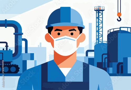 A worker with a mask and hard hat stands in front of factory infrastructure. Vector illustration