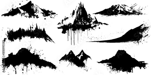 Black ink splatter mountainous formations illustration set for artistic design