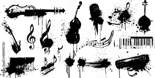 Black ink splatter illustration set of music inspired shapes for creative design