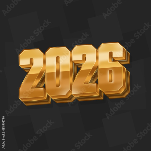A striking 3D rendering of the year "2026" in a bold metallic gold finish, perfect for welcoming the new year, conveying luxury, success and the future.