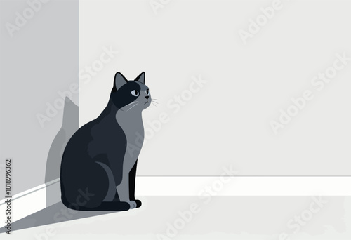 A minimalist illustration of a cat sitting near a wall corner. The cat has dark fur and looks to the right
