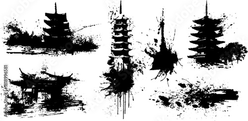 Black ink splatter illustration set featuring pagoda shapes for asian art design