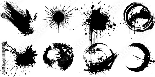 Black ink splatter art featuring protective symbol designs for tattoos and posters