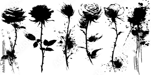 Black ink splatter rose branch illustration set for artistic design