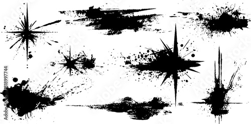 Black ink splatter star abstractions for artistic design and background use
