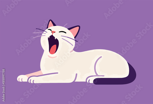 Cartoon cat in a lying pose with a wide yawn against a solid purple background