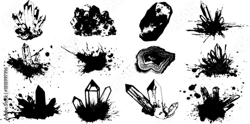 Black ink splatter illustrations featuring stones and minerals in retro style