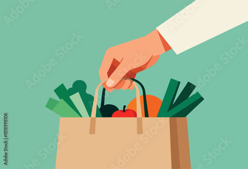 A hand holds a shopping bag filled with produce, including fruits and leafy greens. The bag is light brown