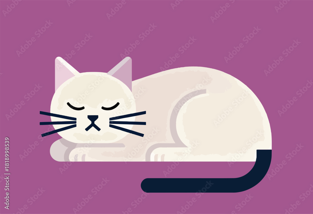 Fototapeta premium A flat, stylized illustration of a white cat resting on a purple background, with closed eyes and black whiskers